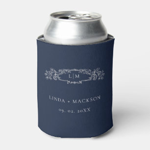 Elegant Nautical botanical crest monogram wedding Can Cooler