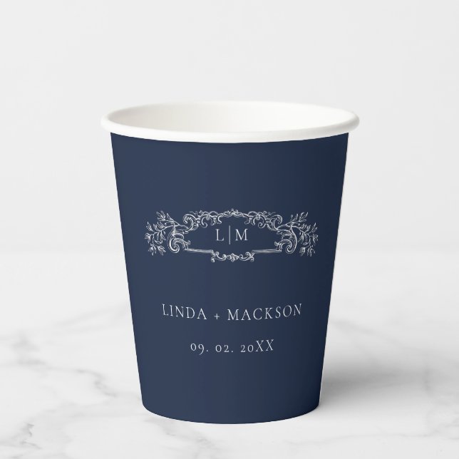 Elegant Nautical  botanical crest monogram wedding Paper Cups (Back)