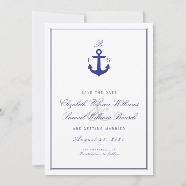 Elegant Nautical Clean Monogram Save The Date Card (Front)