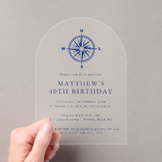 Elegant Nautical Compass Adult Birthday Party Acrylic Invitations