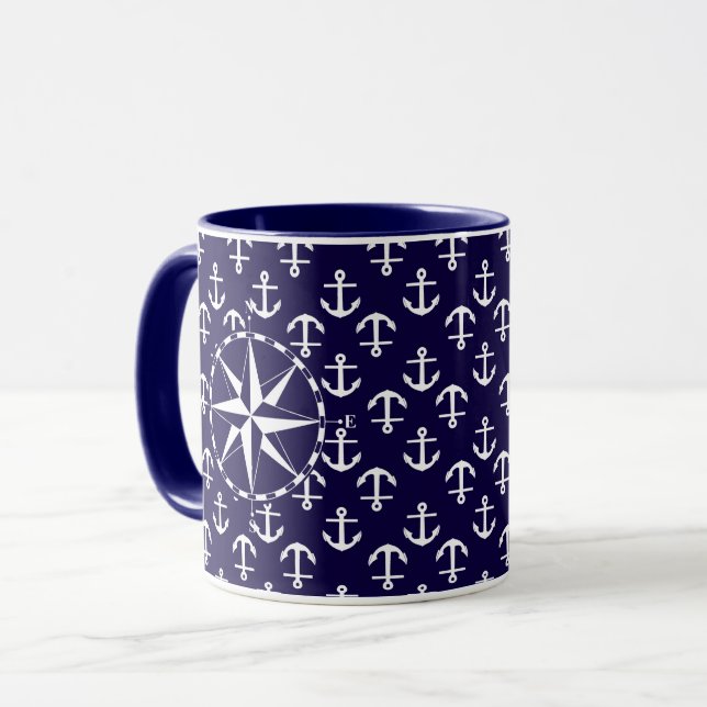 Elegant Nautical Compass And Anchor Pattern Blue Mug (Front Left)