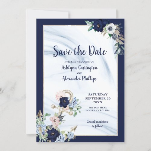 Elegant Nautical Floral Anchor Navy Blue Blush Save The Date