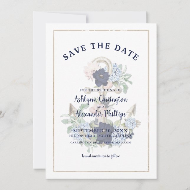 Elegant Nautical Floral Anchor Navy Blue Champagne Save The Date (Front)