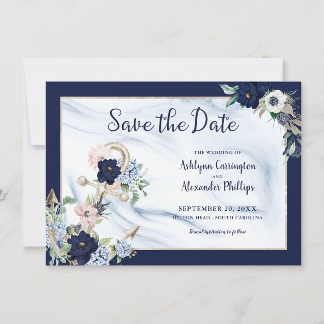 Elegant Nautical Floral Anchor Navy Blue Save The Date (Front)