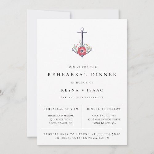 Elegant Nautical Floral Anchor Rehearsal Dinner Announcement