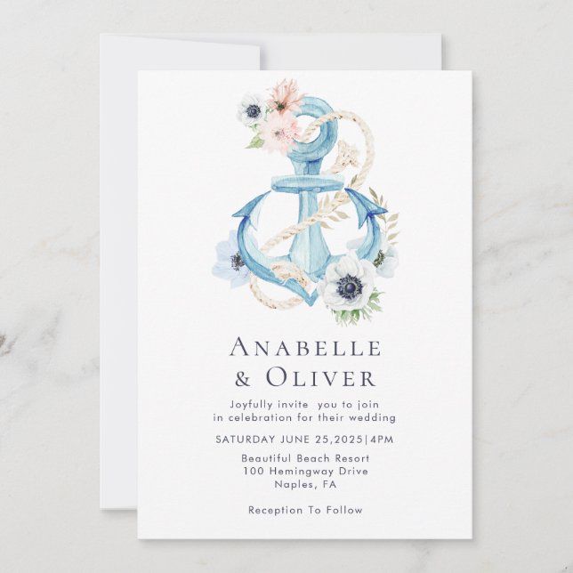 Elegant Nautical Floral Anchor Wedding Invitation (Front)