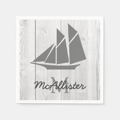Elegant Nautical Gray Sailboat  White Faux Wood Paper Napkins