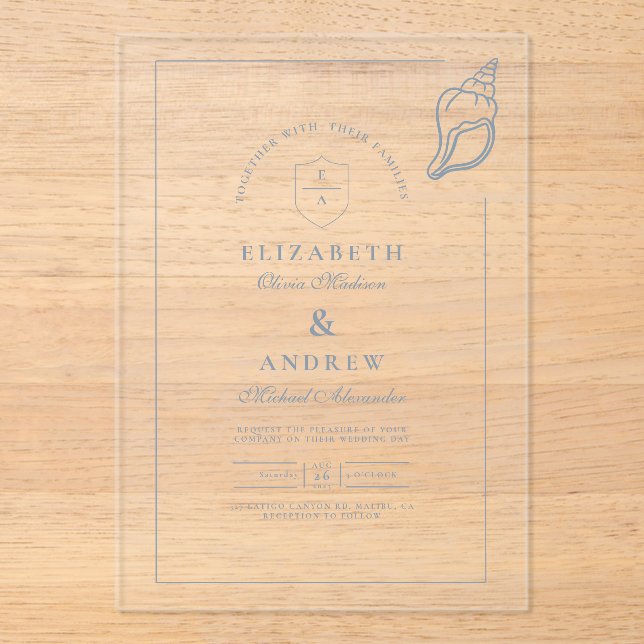 Elegant Nautical Hand Drawn Wedding Acrylic Invitations (Front)