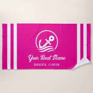 Elegant Nautical Hot Pink Custom Boat Name Beach Towel