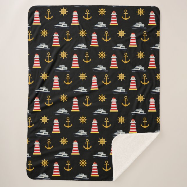 Elegant Nautical Icons on Black Sherpa Blanket (Front)