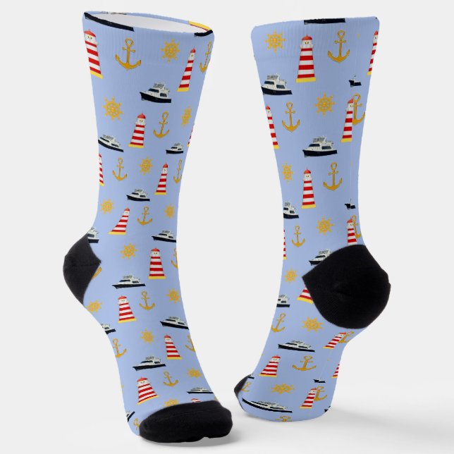 Elegant Nautical Icons on Light Blue Socks (Angled)