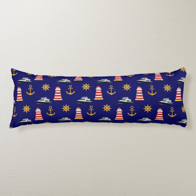 Elegant Nautical Icons on Navy Blue Body Pillow (Front)