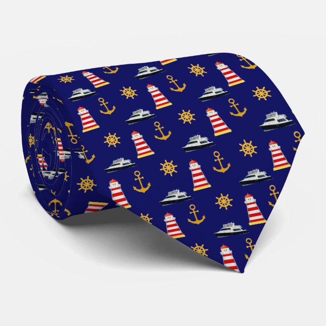 Elegant Nautical Icons on Navy Blue Neck Tie (Rolled)