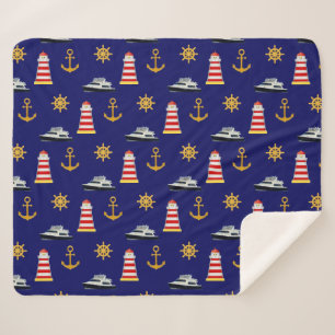 Elegant Nautical Icons on Navy Blue Sherpa Blanket