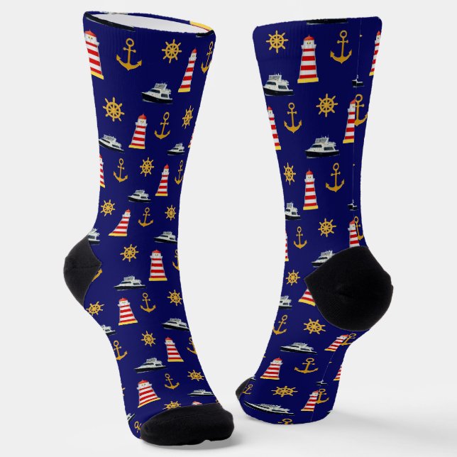 Elegant Nautical Icons on Navy Blue Socks (Angled)