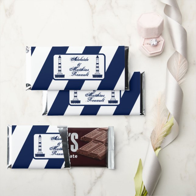 Elegant Nautical Lighthouse: Navy Blue, Engagement Hershey Bar Favors (Front)