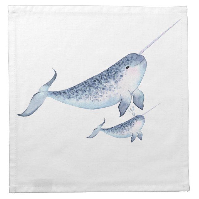 Elegant Nautical Narwhal Whale Watercolor Cloth Napkin (Front)