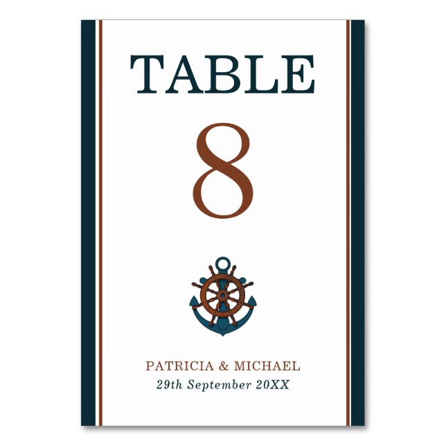 Elegant Nautical Navy Anchor Wedding Table Number (Front)