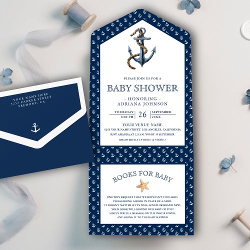 Elegant Nautical Navy Blue Anchor Baby Shower All In One Invitation