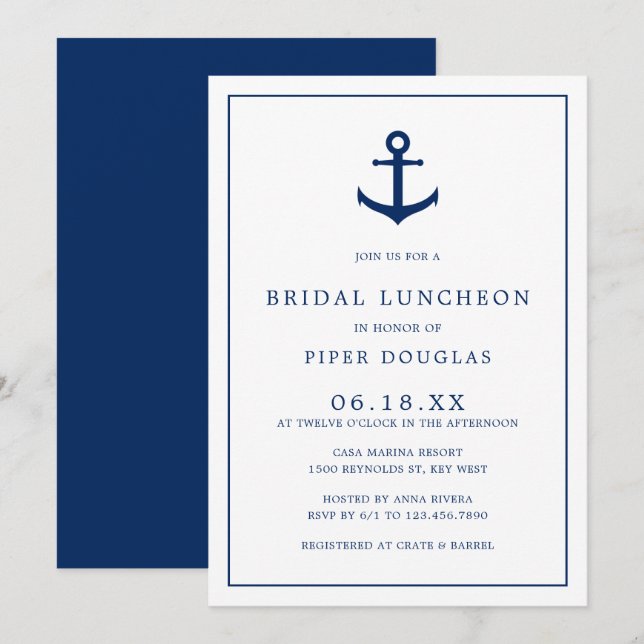 Elegant Nautical Navy Blue Anchor Bridal Luncheon Invitation (Front/Back)