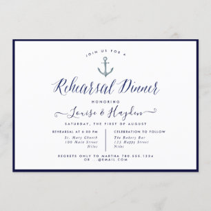 Elegant Nautical Navy Blue Anchor Rehearsal Dinner Invitation