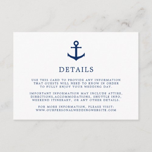 Elegant Nautical Navy Blue Anchor Wedding Details Enclosure Card