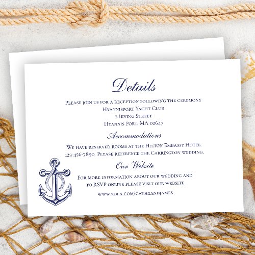 Elegant Nautical Navy Blue Anchor Wedding Details Enclosure Card