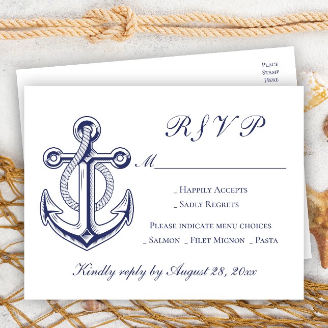 Elegant Nautical Navy Blue Anchor Wedding RSVP  Invitation Postcard (Creator Uploaded)