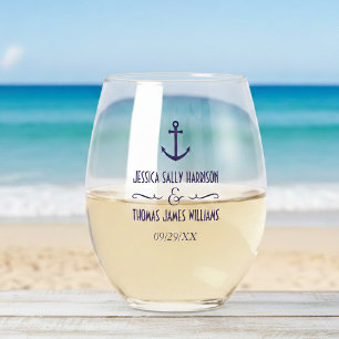 Elegant Nautical Navy Blue Anchor Wedding Stemless Wine Glass