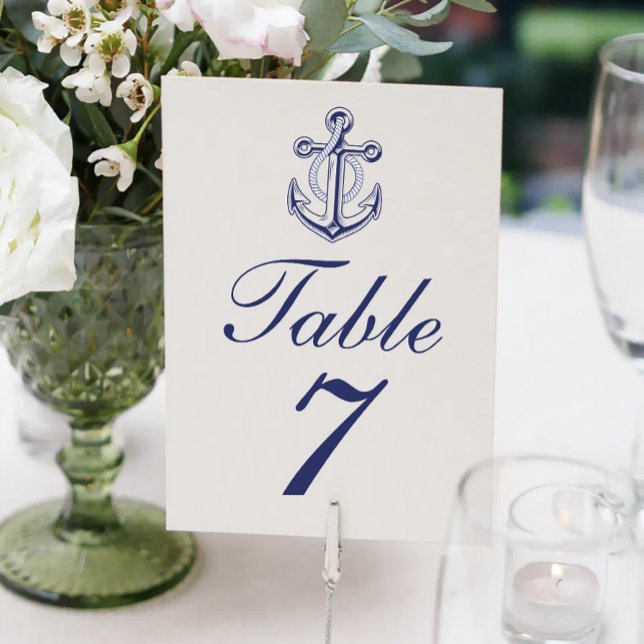 Elegant Nautical Navy Blue Anchor Wedding Table Number (Creator Uploaded)