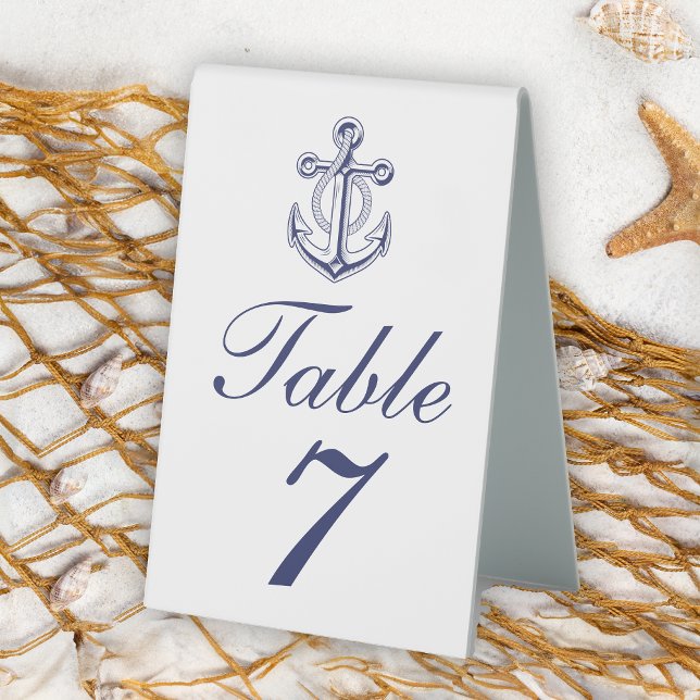 Elegant Nautical Navy Blue Anchor Wedding Table Tent (Creator Uploaded)