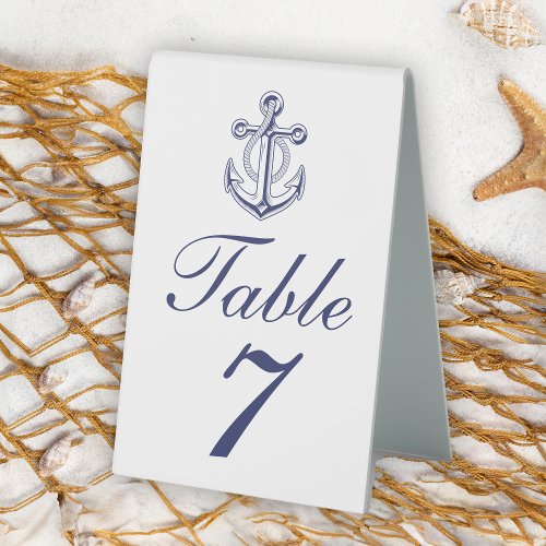 Elegant Nautical Navy Blue Anchor Wedding Table Tent Sign