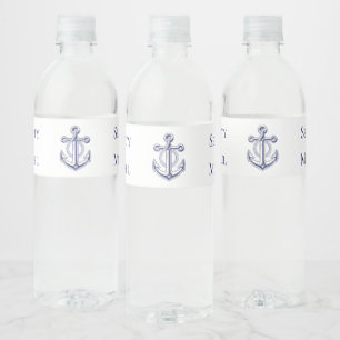 Elegant Nautical Navy Blue Anchor Wedding Water Bottle Label