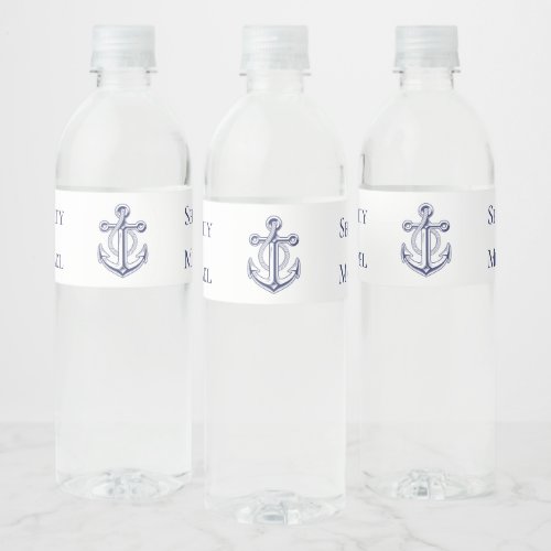 Elegant Nautical Navy Blue Anchor Wedding Water Bottle Label