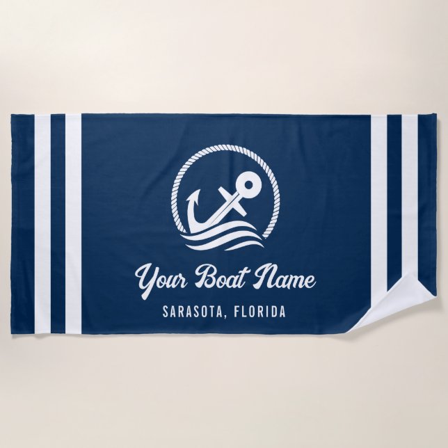 Elegant Nautical Navy Blue Custom Boat Name Beach Towel (Front)