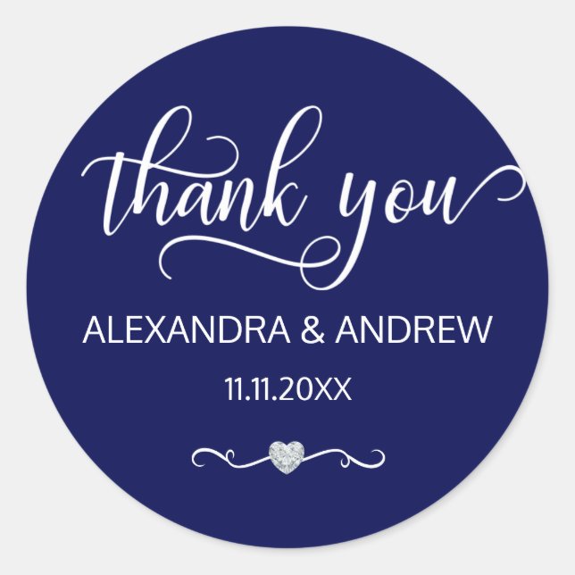 Elegant Nautical Navy Blue Wedding Thank You Classic Round Sticker (Front)