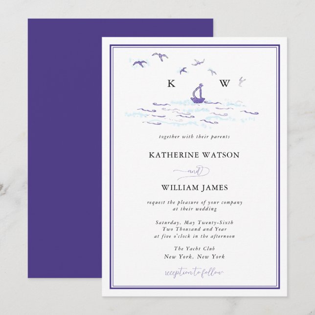 Elegant Nautical Ocean Sailboat Ink Print Wedding Invitation (Front/Back)