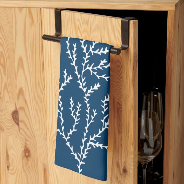 Elegant, Nautical Seaweed Pattern Teal Blue Kitchen Towel (Thirds Fold)