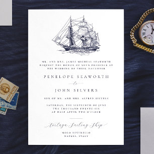 Elegant Nautical Ship Illustration Formal Wedding Invitation