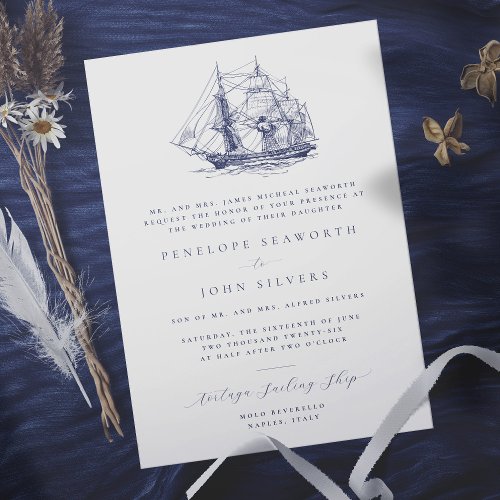 Elegant Nautical Ship Illustration Formal Wedding Invitation