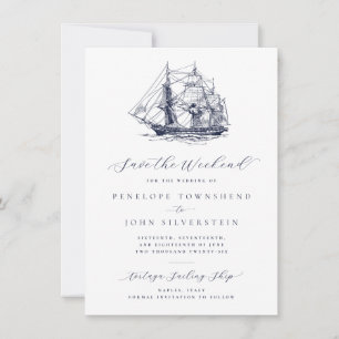 Elegant Nautical Ship Illustration Weekend Wedding Save The Date