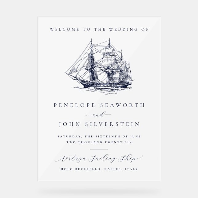 Elegant Nautical Ship Illustration Welcome Wedding Acrylic Sign (Front)