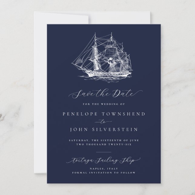 Elegant Nautical Ship Navy Blue Wedding Save The Date (Front)