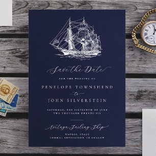 Elegant Nautical Ship Navy Blue Wedding Save The Date