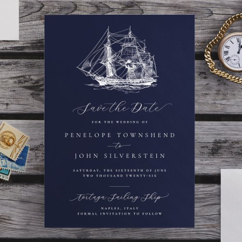 Elegant Nautical Ship Navy Blue Wedding Save The Date