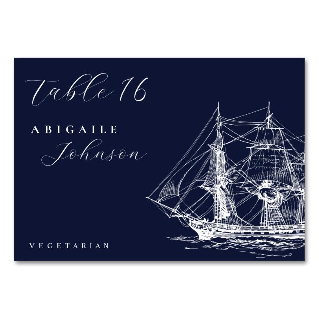 Elegant Nautical Ship Navy Blue Wedding Table Number (Front)
