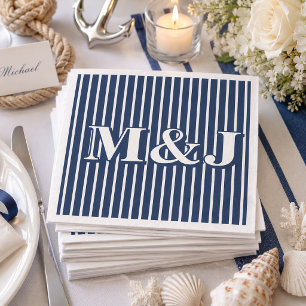 ELEGANT Nautical Striped Blue and White Initials Napkins