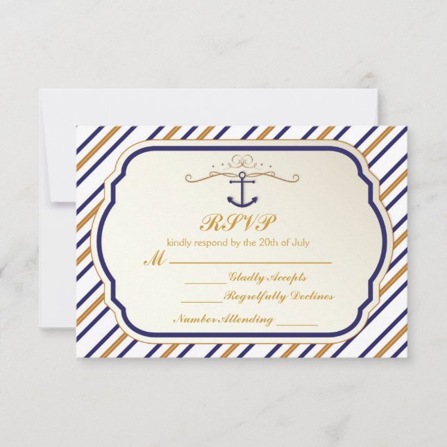 Elegant Nautical Striped Blue Gold Anchor RSVP (Front)