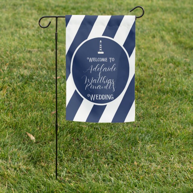 Elegant Nautical Striped Wedding -Navy Blue, White Garden Flag (In SItu)