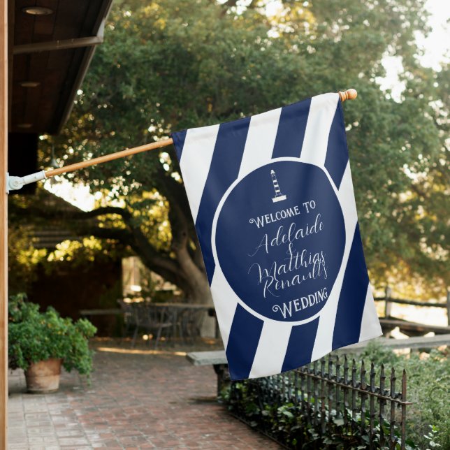 Elegant Nautical Striped Wedding -Navy Blue, White House Flag (In SItu)